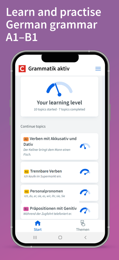 Grammatik aktiv A1-B1 Deutsch - The Grammatik aktiv app dashboard showing a learning level gauge and list of German grammar topics for A1 to B1 levels