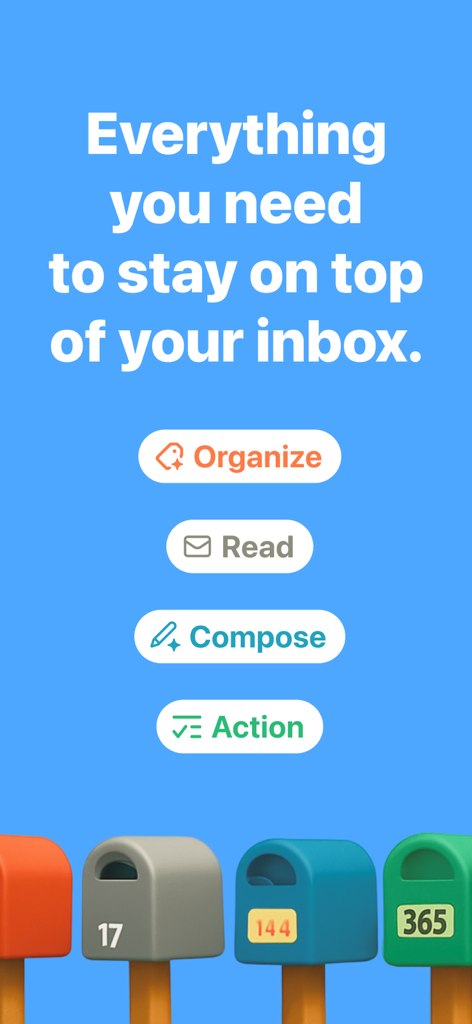 FiloMail - AI Gmail Client - FiloMail app interface showing key email management features like Organize Read Compose and Action
