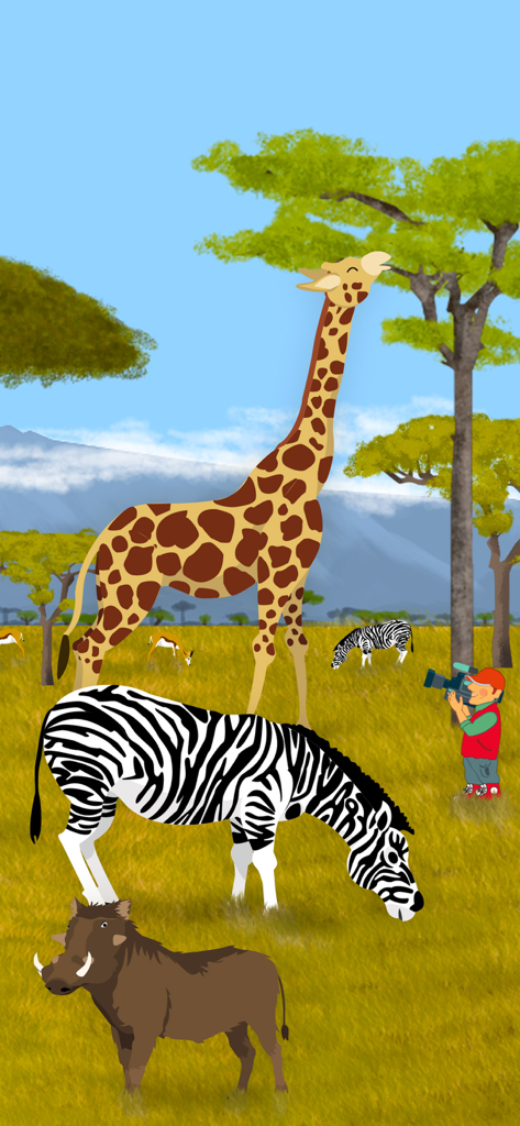 Uma cena de safári em desenho animado com uma girafa, zebras e um javali com um personagem de cinegrafista