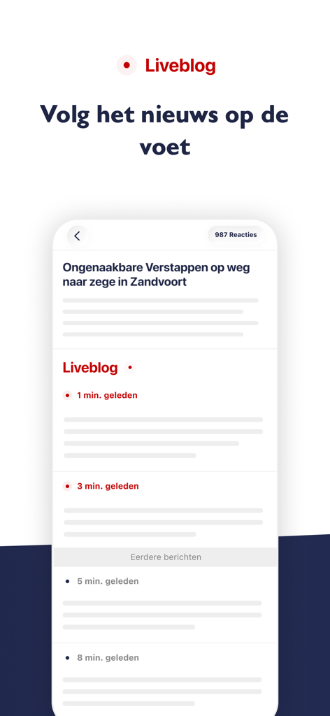 NU.nl - Interfaz del blog en vivo de la aplicación NU.nl que muestra actualizaciones de noticias en tiempo real y titulares deportivos sobre Max Verstappen.