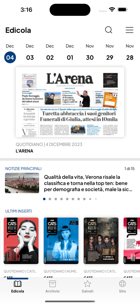 Digital newsstand view in L Arena mobile app showing newspapers and magazines