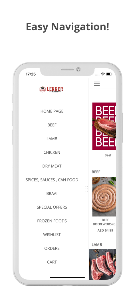 LEKKER MEAT SHOP UAE - Lekker Meat Shop VAE App Navigationsmenü mit Kategorien für Rind, Lamm und Trockenfleisch
