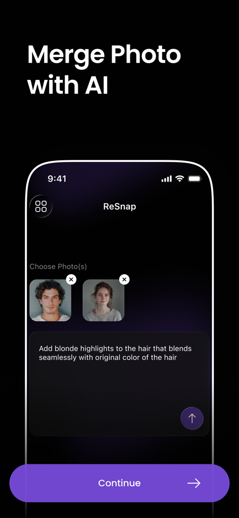 Interface de l'application ReSnap montrant deux photos sélectionnées pour être fusionnées avec une invite de texte IA pour ajouter des reflets blonds.