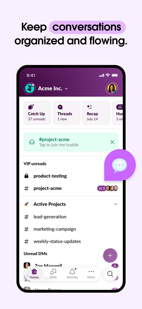 Slack mobile app interface showing organized business channels and conversation recaps for Acme Inc