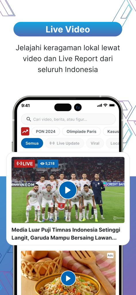 TribunX mobile app interface highlighting the live video and news report feature from Indonesia