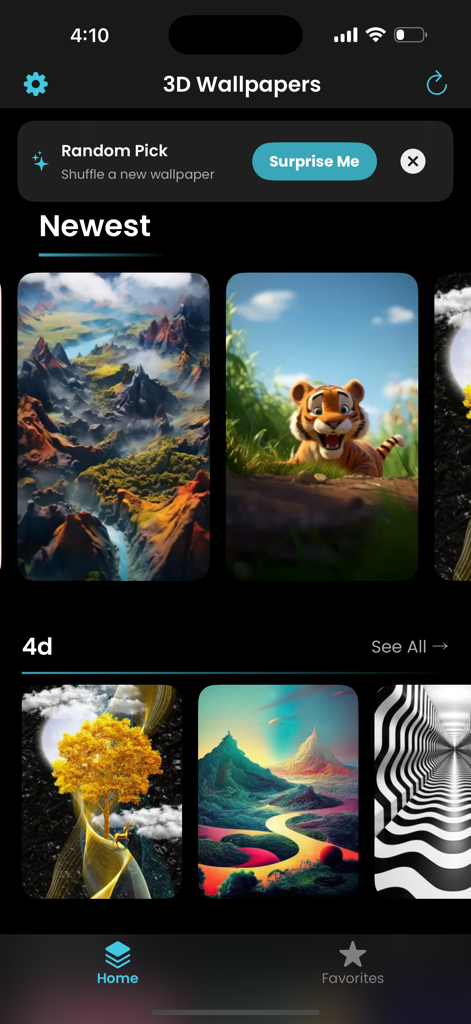 AI 4D & 3D Parallax Wallpapers - AI 4D and 3D Parallax Wallpapers app home screen displaying vibrant landscape and artistic backgrounds