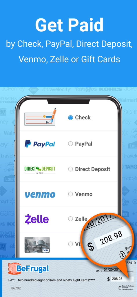 BeFrugal Cash Back & Coupons - BeFrugal app interface showing multiple payout options including PayPal, Venmo, Zelle, and Direct Deposit