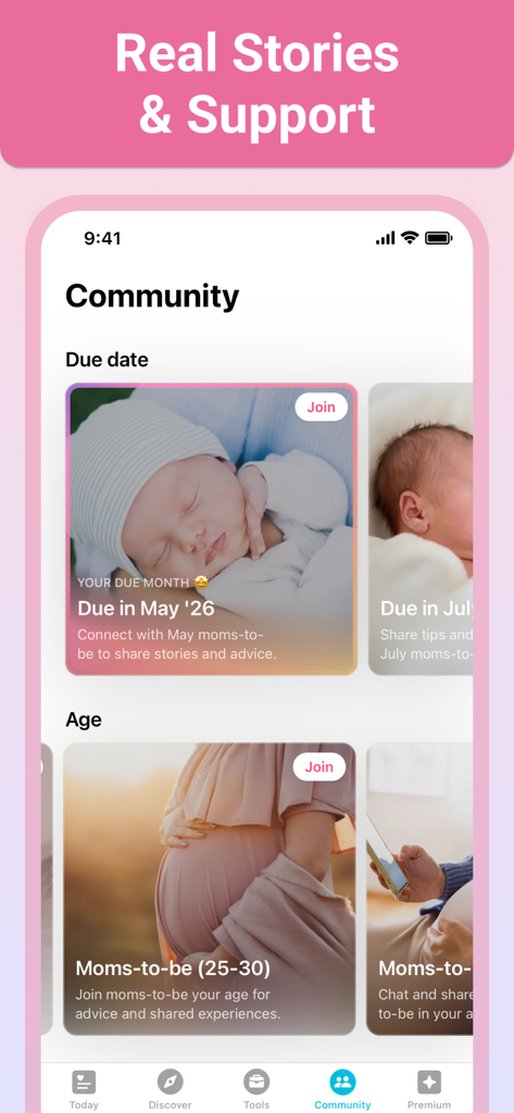 Pregnancy + | Tracker App - Pregnancy plus app community screen showing support groups by due date and age