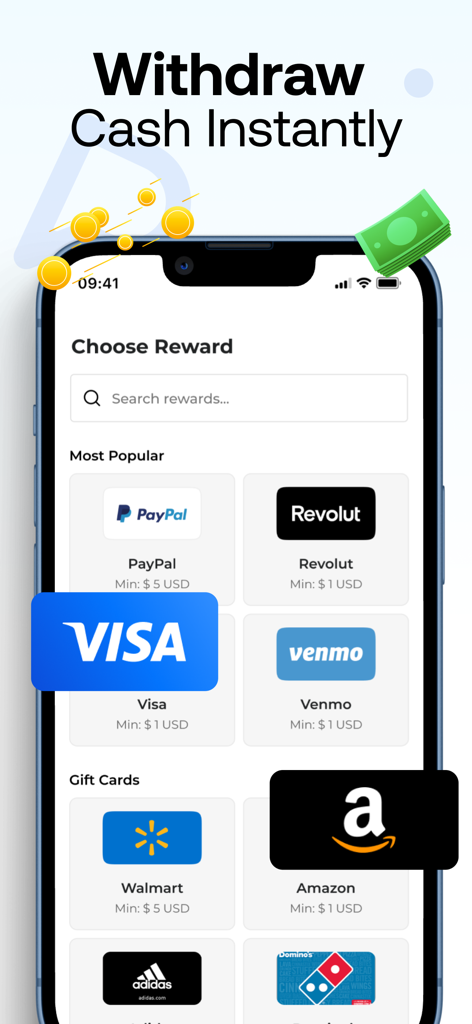 Prime Opinion app screen showing various instant withdrawal options including PayPal Revolut and gift cards