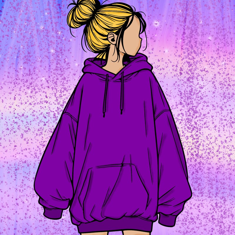 realistic girl with a oversized sweatshirt on and a bun