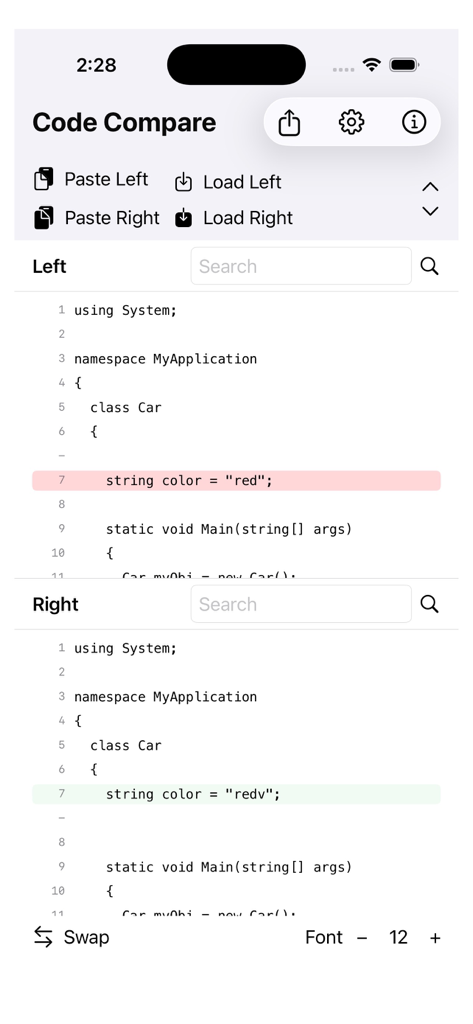 CodeDiff+ - Une capture d'écran de l'application CodeDiff plus montrant une vue verticale empilée de deux extraits de code avec les différences surlignées en rouge et vert.