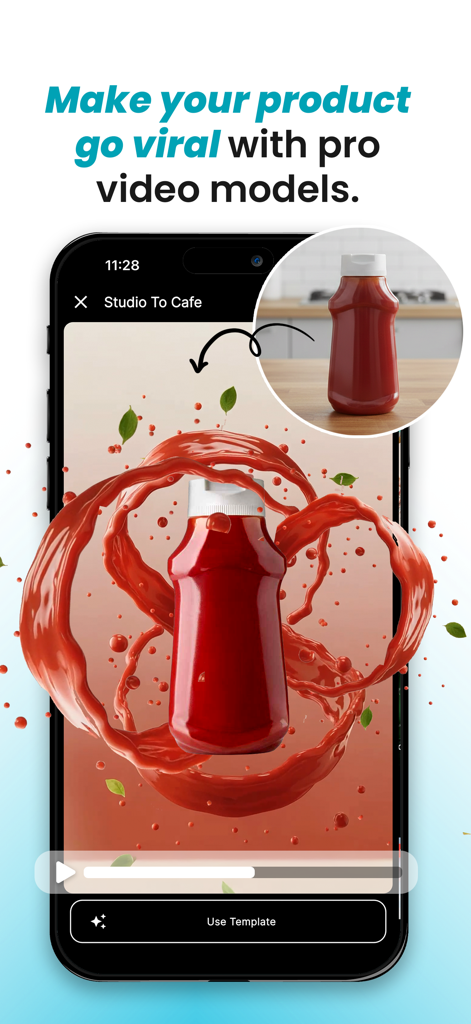 AI Effect Creator - VideoMagic - AI VideoMagic app interface showing a static product photo transformed into a dynamic video with cinematic liquid effects