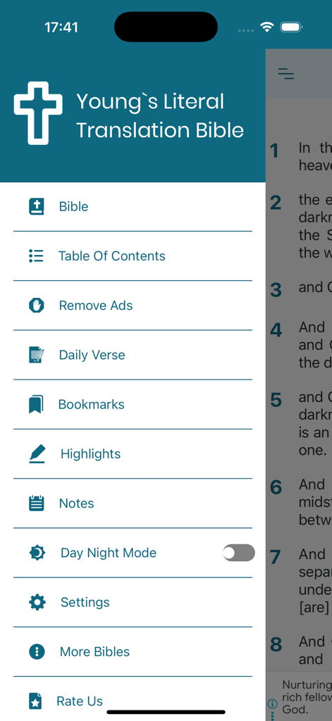Young's Literal Translation - 目次、ブックマーク、昼夜モードなどのオプションを表示するYoungs Literal Translation Bibleアプリのサイドバーナビゲーションメニュー。