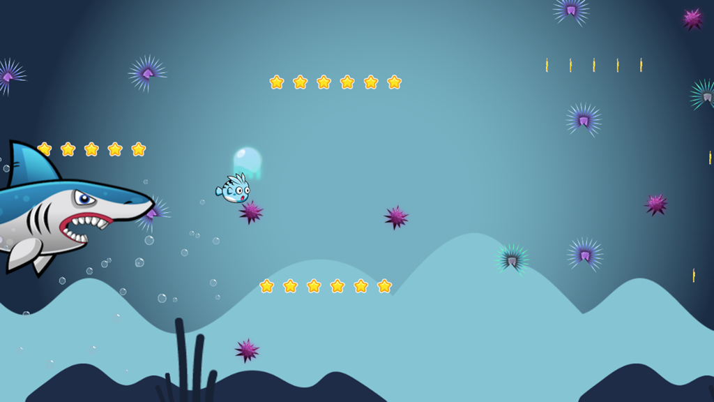 Un pequeño pez azul esquivando un gran tiburón y erizos de mar mientras recolecta estrellas en una escena de juego submarino.