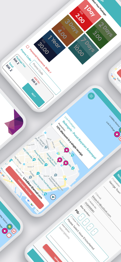 LinkBike V2 - Screenshots of LinkBike V2 bike sharing app interfaces including pricing packages and a station map of Penang