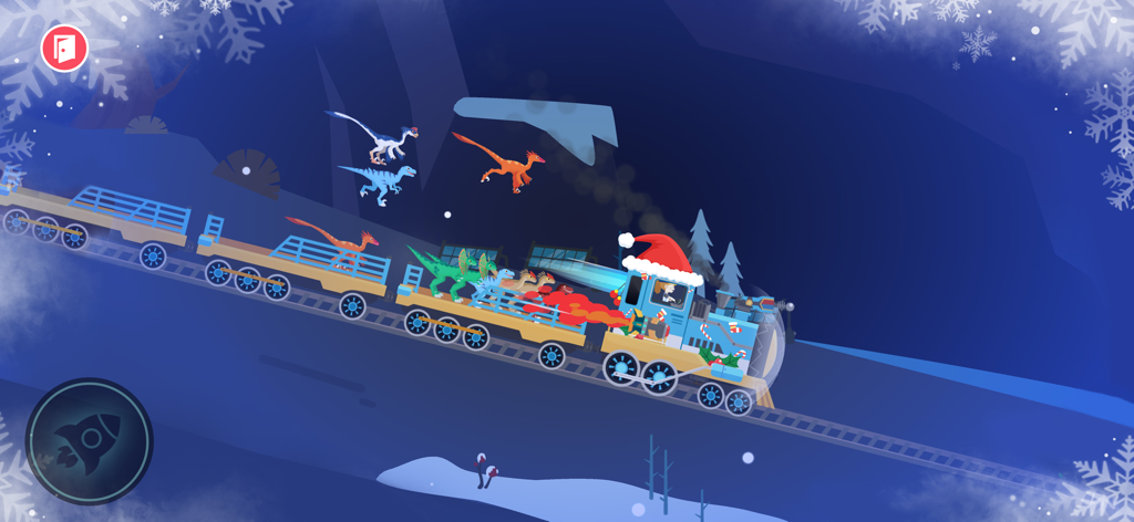 A dinosaur rescue train with a Santa hat in a snowy winter landscape