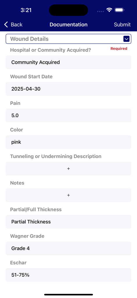 Clinical wound documentation interface in the Tissue Analytics medical application.