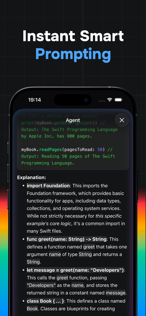 Mobile IDE for Antigravity AI - Smartphone screen showing an AI agent interface with Swift code explanations and the heading Instant Smart Prompting