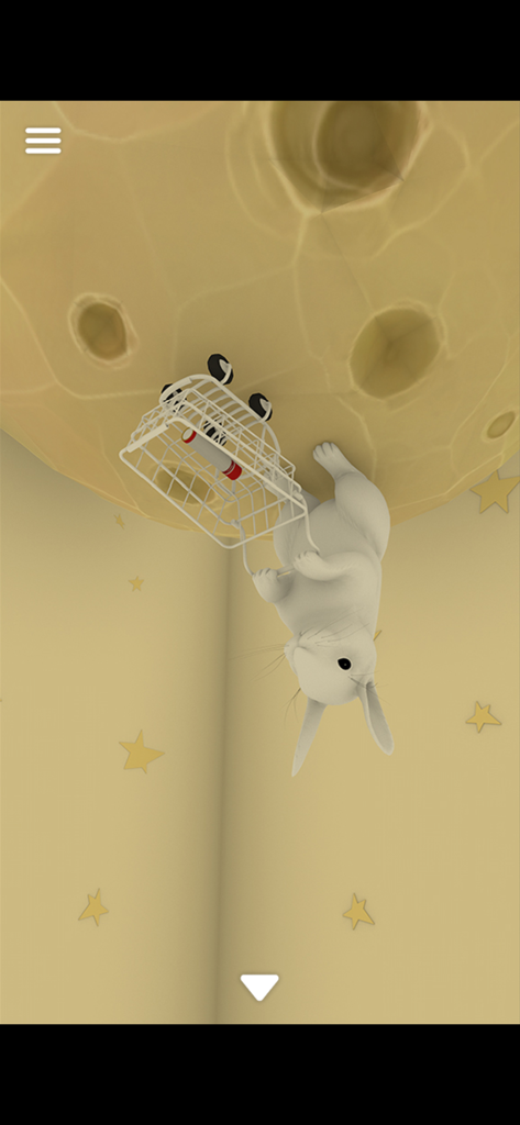 A white rabbit holding a shopping cart upside down on a small yellow planet with stars