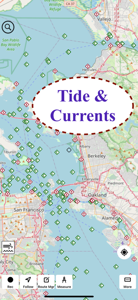 A screenshot of the Marine Weather app interface showing tide and current markers on a map of the San Francisco Bay area.