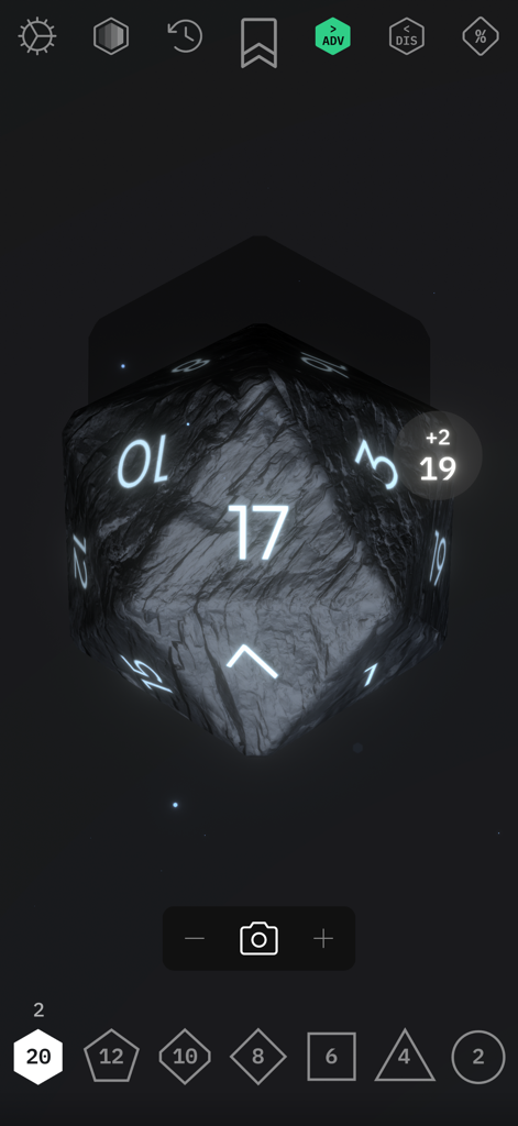 Mighty Dice - A 3D stone textured 20-sided dice roll of 17 with a plus two modifier resulting in 19 on a dark mobile app interface