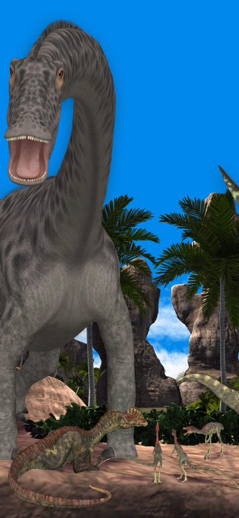 Dinosaurs & Ice Age Animals - A giant long-necked dinosaur and smaller dinosaurs in a tropical prehistoric setting with palm trees.