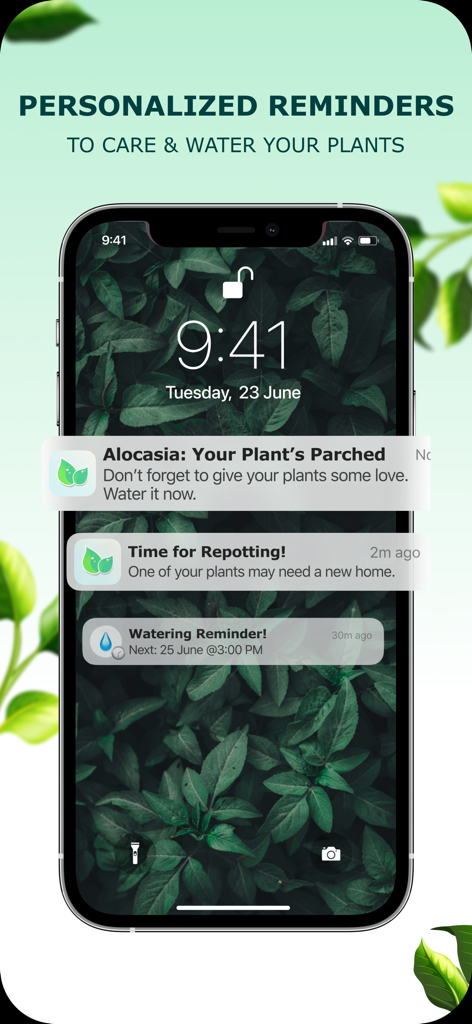 Pantalla de smartphone mostrando recordatorios personalizados de cuidado y riego de plantas de la aplicación Plant IQ.