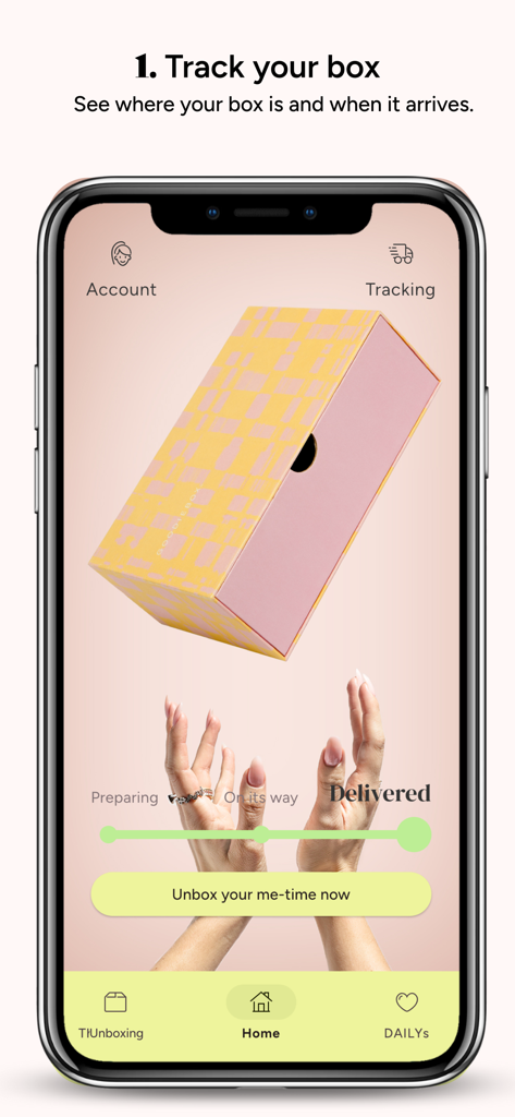 The App by Goodiebox - A smartphone displaying the Goodiebox app tracking feature with a delivered box status and a progress bar.