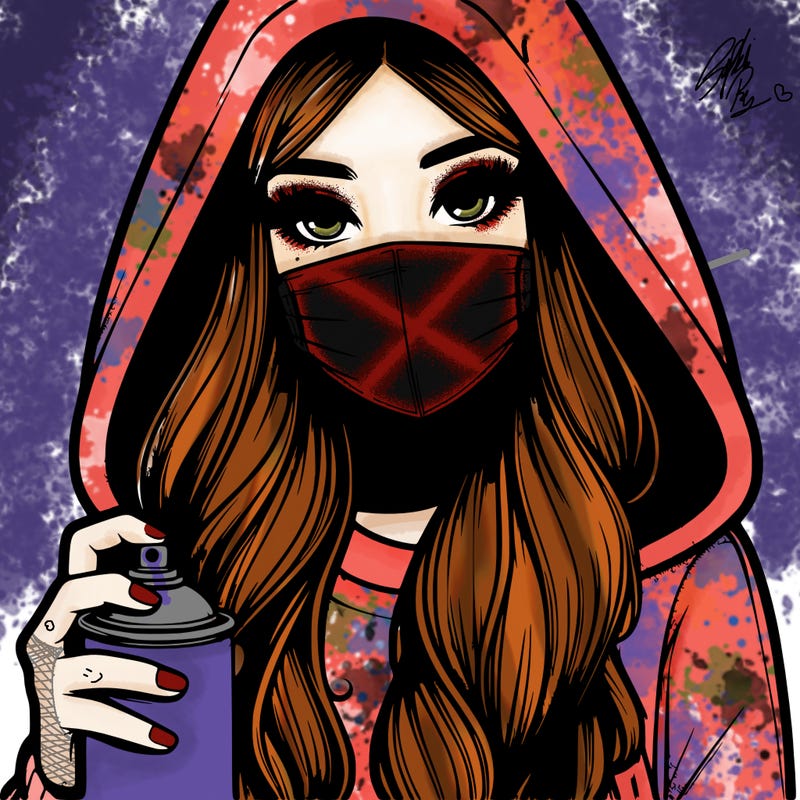 girl wearing a mask with long hair with her hood up spray-painting realistic