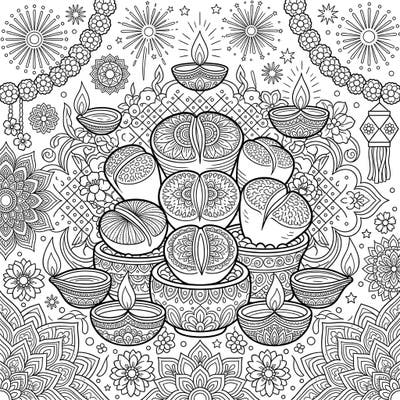 Immerse yourself in the magic of Diwali with this unique coloring page, blending the beauty of Lithops succulents with traditional festive elements. Delicate diyas, intricate patterns, and subtle fireworks await your creative touch in this engaging design.
