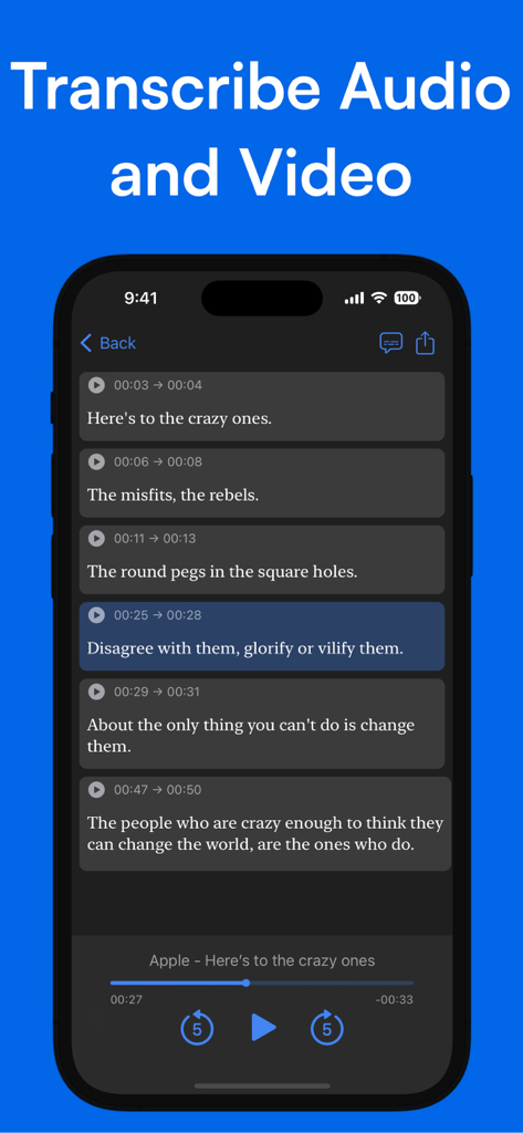 Smartphone screen displaying Spiik app transcribing audio into text with timestamps