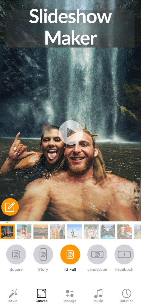 Slideshow Maker Video & Photo - Slideshow Maker app interface showing canvas size options for Instagram and Facebook posts