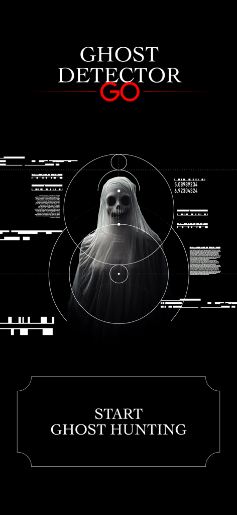 Ghost Detector Real Hunting - Menu principale dell'app Ghost Detector GO con un teschio fantasma avvolto in un sudario e un pulsante per iniziare la caccia ai fantasmi.