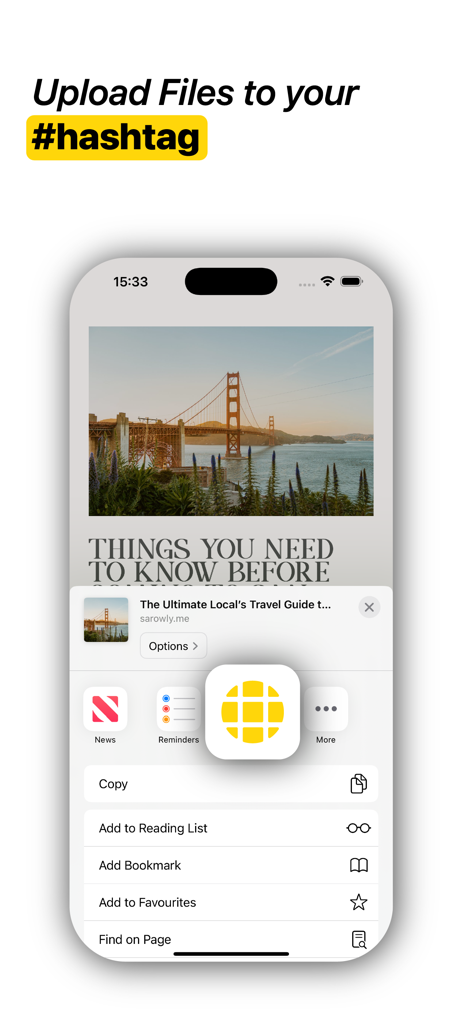 hashcloud - Cloud Storage - Schermata dell'iPhone che mostra l'icona dell'app hashcloud nel foglio di condivisione per caricare file su un hashtag.