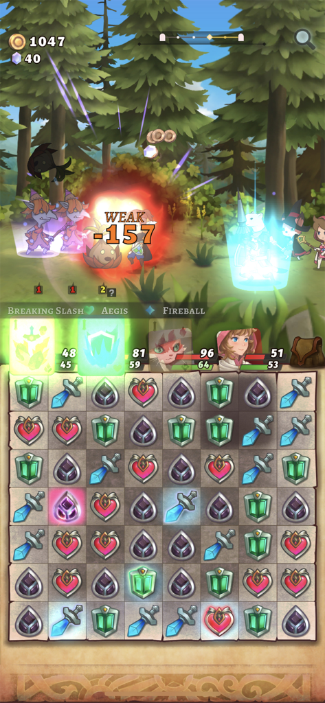 Gameplay di Hero Emblems II che mostra una tavola puzzle match-3 e una scena di battaglia fantasy con personaggi chibi.