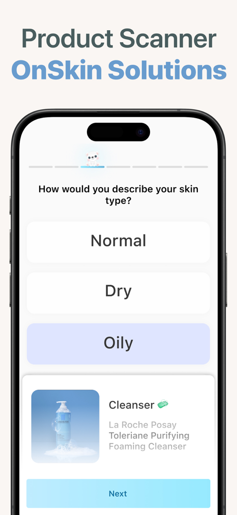 SafeSkin AI app interface asking the user to select their skin type from normal dry or oily