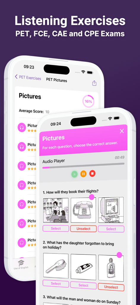 Use of English PRO - A mobile app interface showing English listening exercises with picture-based questions for Cambridge exam preparation.