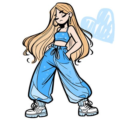girl in baggy pants crop top and long hair