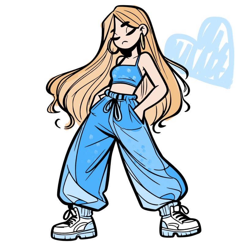 girl in baggy pants crop top and long hair