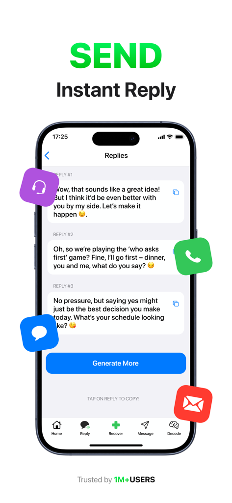 AI-powered instant reply generator interface in the Recover Deleted Messages app showing multiple chat response suggestions