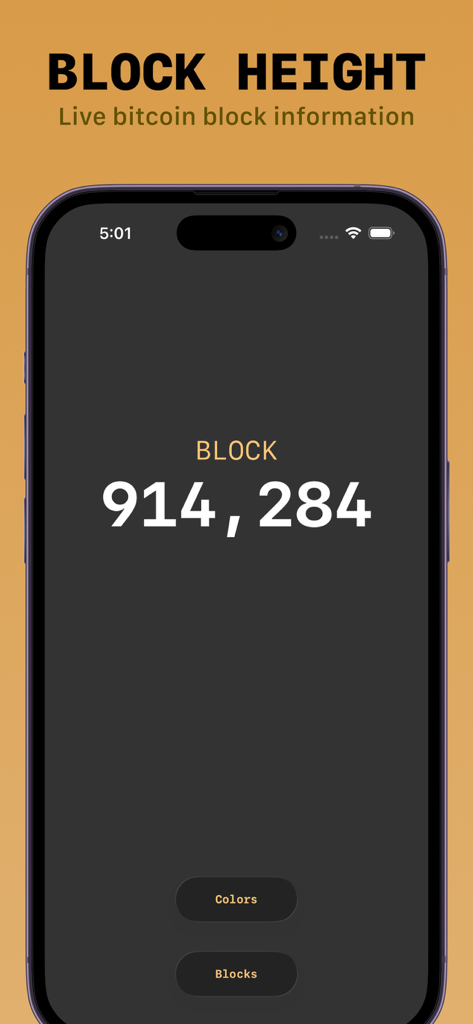 Block Screen: Bitcoin Widgets - Pantalla de iPhone que muestra la altura de bloque actual de Bitcoin en la aplicación Block Screen