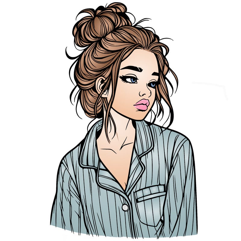 realistic woman with pajamas on and a messy bun