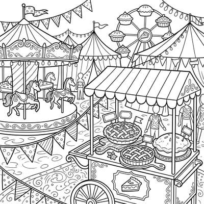 Dive into the festive atmosphere of a lively carnival, complete with delicious pies and tarts ready for your artistic touch. This intricate scene invites you to bring the joy of the fairground to life with your favorite colors.