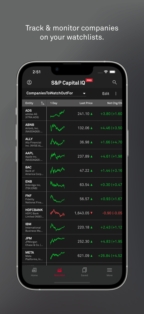 S&P Capital IQ Pro - SP Capital IQ Pro App-Oberfläche zeigt eine Unternehmens-Beobachtungsliste mit Marktdaten und Sparkline-Diagrammen an.