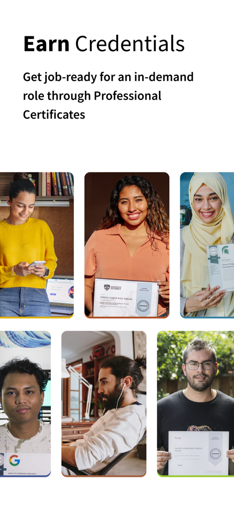 Diverse professionals holding industry certificates and learning on the Coursera mobile app