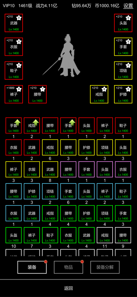 挂机模拟器 - Character gear and equipment inventory screen in the text-based RPG Idle Simulator