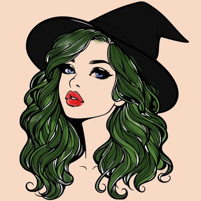 realistic witch girl with wavy hair and lips
