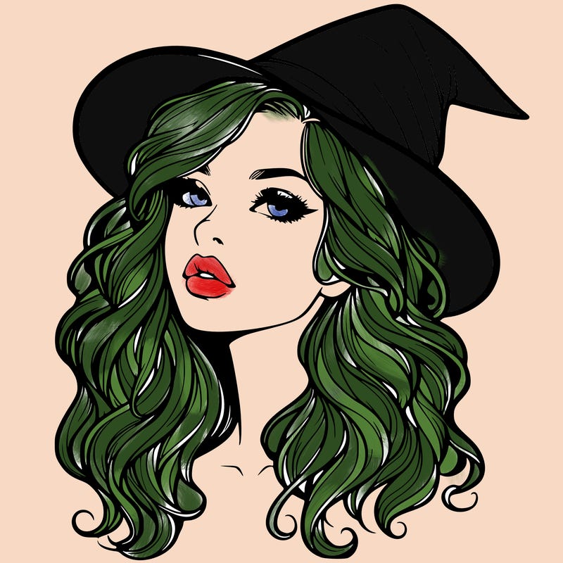 realistic witch girl with wavy hair and lips