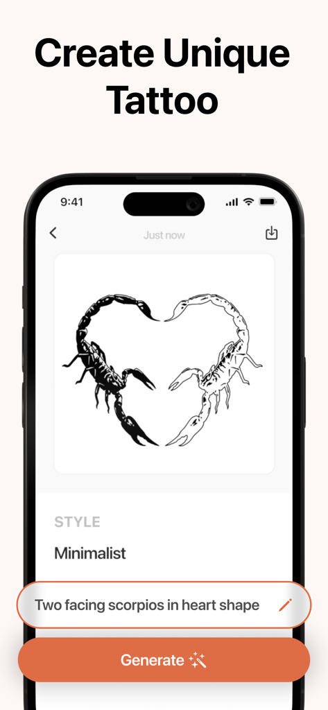 テキストプロンプトに基づいて、ハートの形を形成する2匹のサソリのミニマリストデザインを表示するAIタトゥー生成アプリ