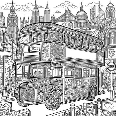Dive into a world of intricate details with this stunning double-decker bus coloring page, perfect for adults seeking a mindful and creative escape. Featuring elaborate patterns and a bustling city backdrop, it offers hours of relaxing artistic engagement.